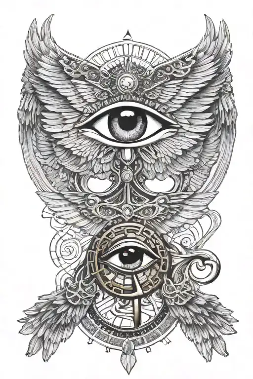 eye of ra and wings of isis and ankh symbol intertwined tattoo design idea