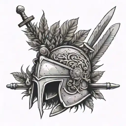 Roman helmet adorned with wattle plant and banner and swords  tattoo design idea