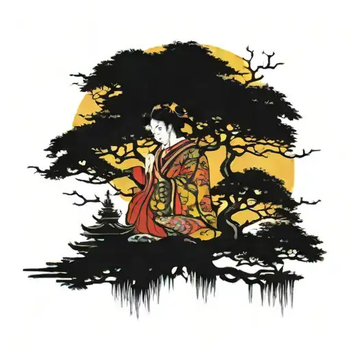a beautiful empress in a red orange and yellow dress standind behind towering over and embrassing a tall tree. tattoo design idea
