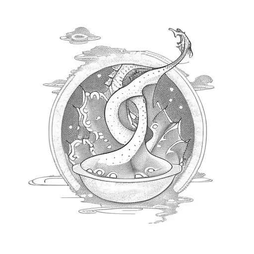 A dragon emerging from a chemistry beaker on a beach background tattoo design idea