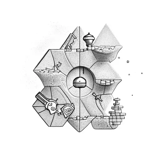 A bookshelf made of sandcastles with chemistry symbols on the books tattoo design idea