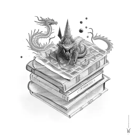 A series of books stacked on top of each other, with chemical formulas and a dragon wrapped around them tattoo design idea