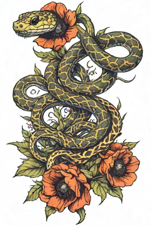 poppy flower and snake wrapped tattoo design idea