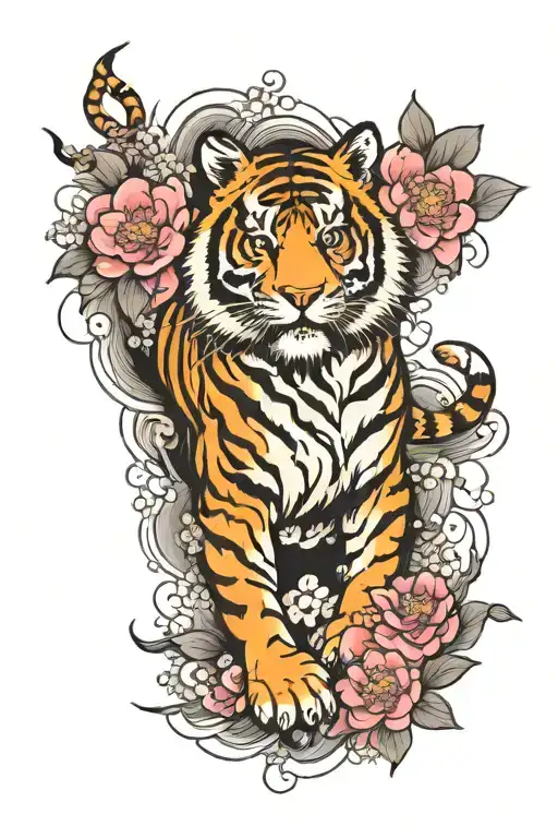 Tiger with sakura flowers japanese  tattoo design idea
