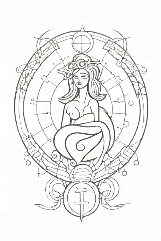 An abstract tattoo design incorporating astrology symbols and the divine feminine, with a focus on the goddess Lilith tattoo design idea