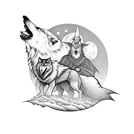 A Wizard in the front of a Wolf and the castle silhouette with the full moon in the background tattoo design idea