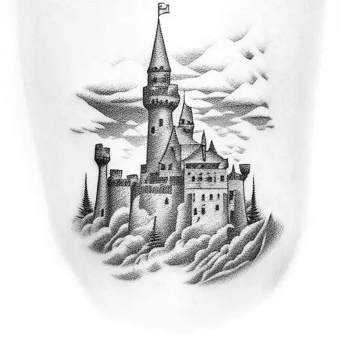 arm sleeve tattoo of an old castle on a hill surounded by clouds tattoo design idea