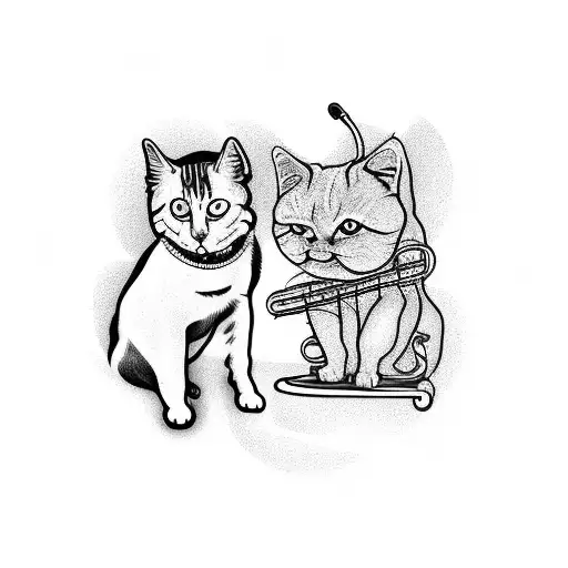 A surrealistic painting of a dog and cat playing musical instruments on a beach tattoo design idea