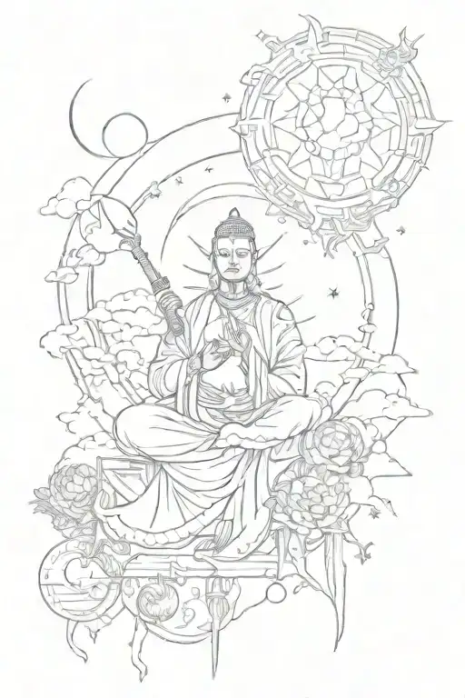 Budah medidating inside in a sunny sky tattoo design idea