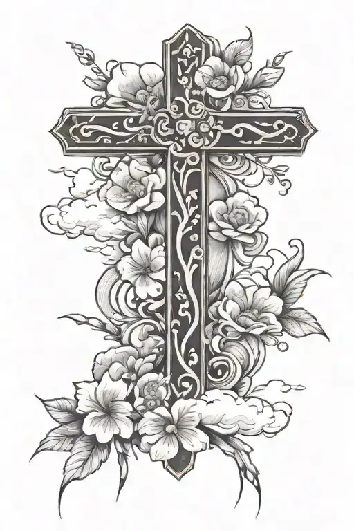 a cross surrounded by blooming flowers and clouds tattoo design idea