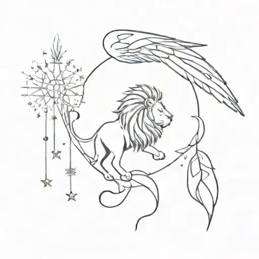 wings, heartbeat, dandelion stars lion tattoo design idea