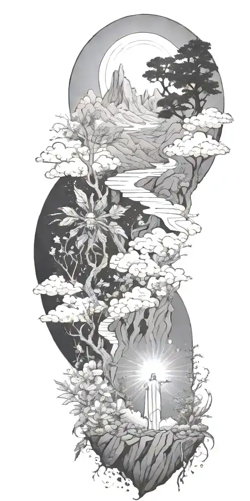 Jesus Christ's resurrection, different types of flowers, Trees, clouds of fire, nature, stars, mountains, strength tattoo design idea