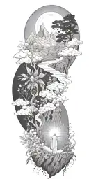 Jesus Christ's resurrection, different types of flowers, Trees, clouds of fire, nature, stars, mountains, strength tattoo design idea
