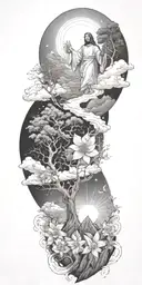 Jesus Christ's resurrection, different types of flowers, Trees, clouds of fire, nature, stars, mountains, strength tattoo design idea