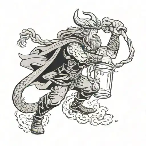 Thor battling a giant serpent while pouring a pint of mead tattoo design idea