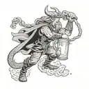 Thor battling a giant serpent while pouring a pint of mead tattoo design idea