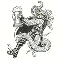 Thor battling a giant serpent while pouring a pint of mead tattoo design idea