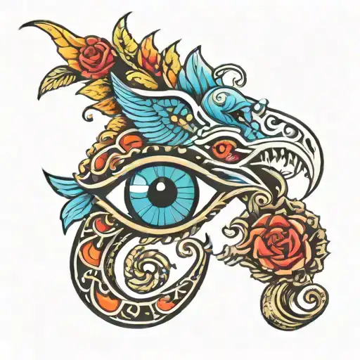 Italian lucky charm hand and horn and Turkish lucky charm blue eye tattoo design idea