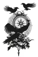 Vegvisir Compass, Yggdrasil, Compass-like Circles, Symmetrical Layout, Gungnir, two ravens  tattoo design idea