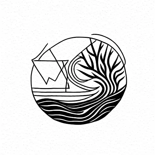 golden ratio and wave and tree and navigational lines tattoo design idea