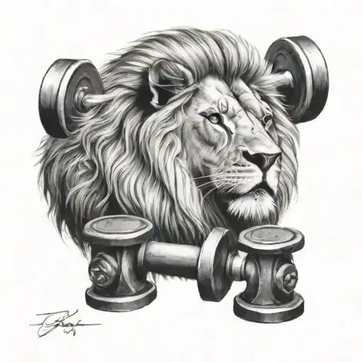 dumbbell and lion tattoo design idea