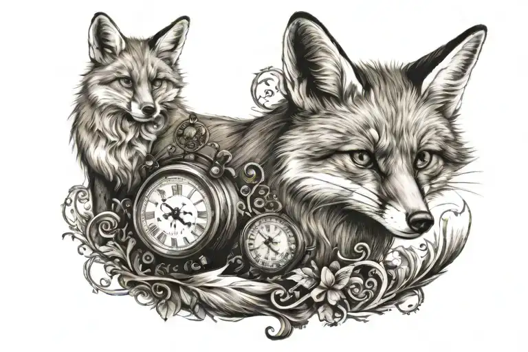 full fox with clock looking at its tail tattoo design idea