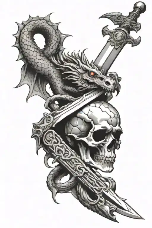 basilisk wrapped around sword and skull tattoo design idea