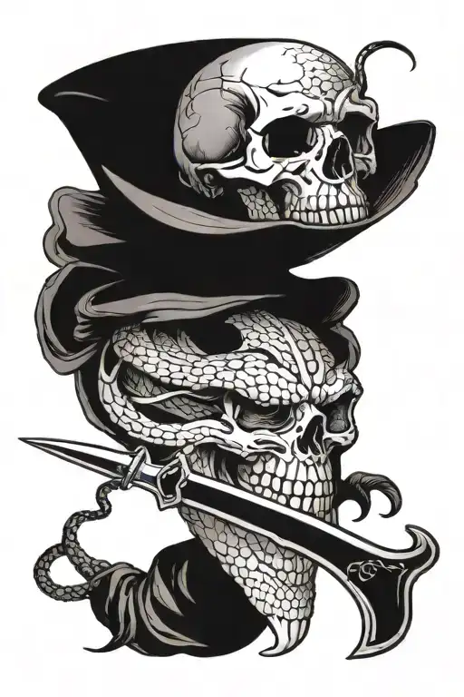 snake wrapped around a sword going through the eye of a skull tattoo design idea