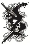 sword going through a skill from the top with a basilisk wrapped around the sword and going through the skull tattoo design idea