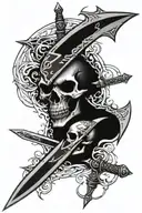 sword going through a skill from the top with a basilisk wrapped around the sword and going through the skull tattoo design idea