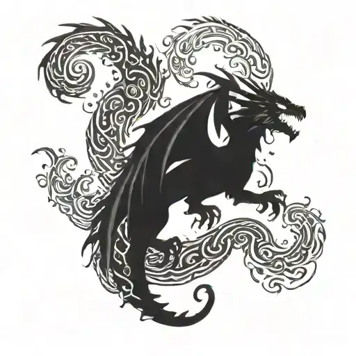 A surreal tattoo of a stormy night sky with swirling clouds and lightning bolts, incorporating the silhouettes of Game of Thrones dragons Drogon, Rhaegal, and Viserion tattoo design idea