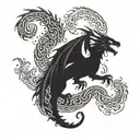A surreal tattoo of a stormy night sky with swirling clouds and lightning bolts, incorporating the silhouettes of Game of Thrones dragons Drogon, Rhaegal, and Viserion tattoo design idea