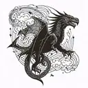 A surreal tattoo of a stormy night sky with swirling clouds and lightning bolts, incorporating the silhouettes of Game of Thrones dragons Drogon, Rhaegal, and Viserion tattoo design idea