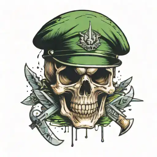 soldier's skull wearing green beret and there is writes if you never try you will never know. skull has knife in a head  tattoo design idea