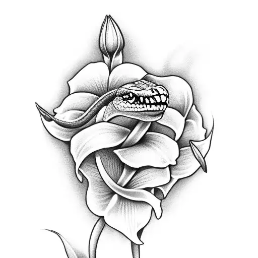snake with lilys around the arm with the words "because I could not stop for death" going around it tattoo design idea