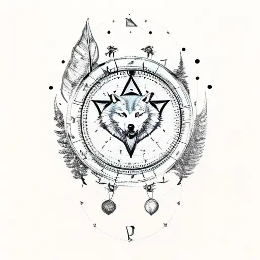 dreamcatcher with a wolf, mountain, trees, roses, peacock feather, and a compass tattoo design idea