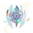 dreamcatcher eith 3 feathers, wolf, mountain, trees, roses, peacock feather, and a compass tattoo design idea