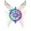 dreamcatcher eith 3 feathers, wolf, mountain, trees, roses, peacock feather, and a compass tattoo design idea