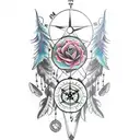 dreamcatcher, wolf, mountain, trees, roses, peacock feather, and a compass tattoo design idea