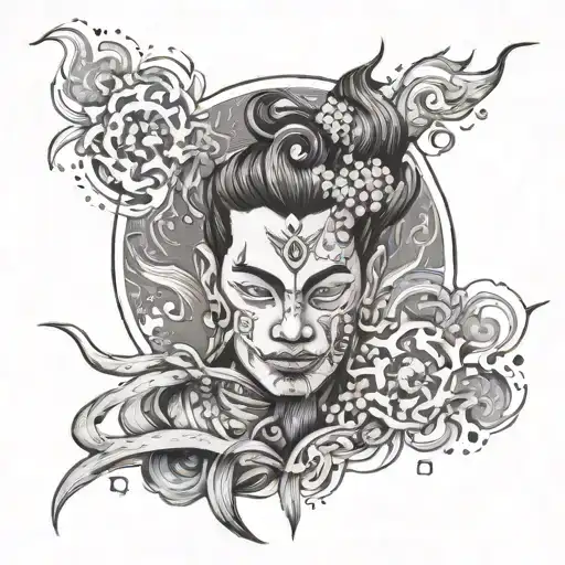 A Burmese hero wielding the power of the elements - air, fire, water, and earth - in a dynamic composition tattoo design idea
