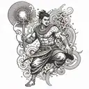 A Burmese hero wielding the power of the elements - air, fire, water, and earth - in a dynamic composition tattoo design idea