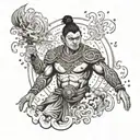 A Burmese hero wielding the power of the elements - air, fire, water, and earth - in a dynamic composition tattoo design idea