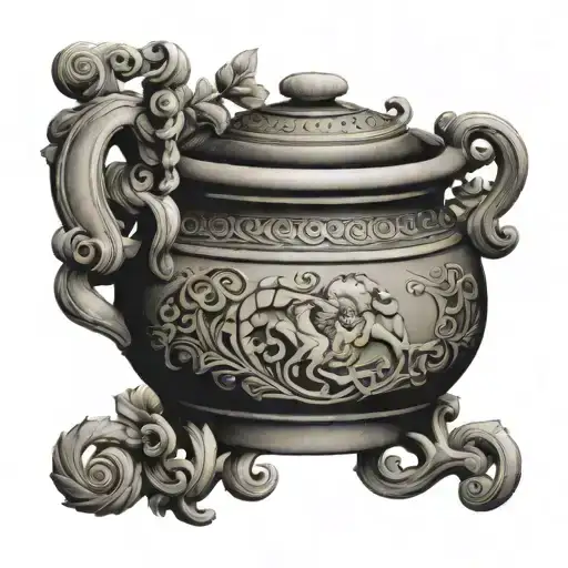 A tattoo design combining metal music album cover art with ancient Greek pottery motifs tattoo design idea