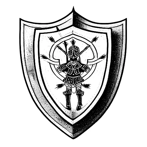create a highly detailed black and white illustration of El Cid's shield and emblem to be placed on the right and center tattoo design idea