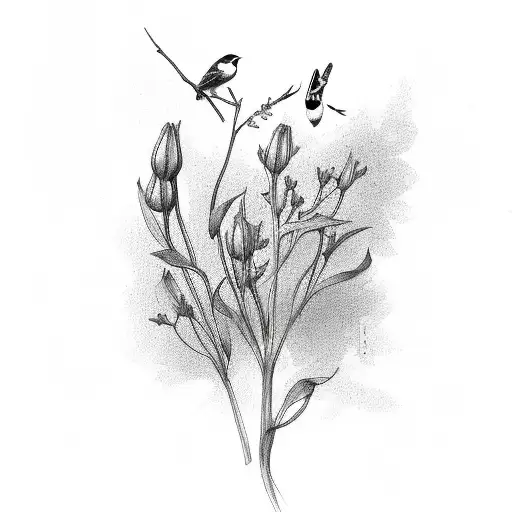 morning sparrows fields of lilies peacful  tattoo design idea
