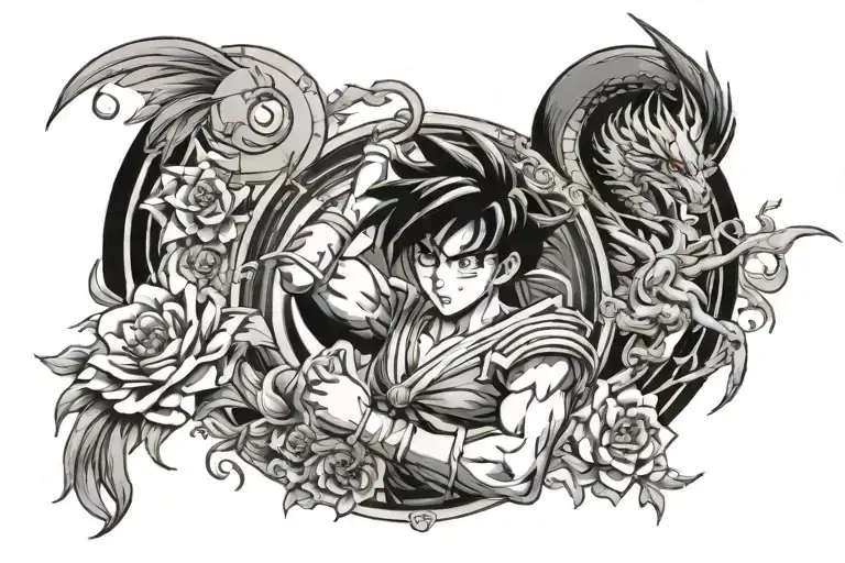 flower half sleeve with sailor moon, dragon ball z, and inuyasha elements hidden throughout  tattoo design idea