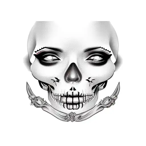 La Catrina woman face, below two skulls one with a motorcycle helmet the other with a military helmet  tattoo design idea