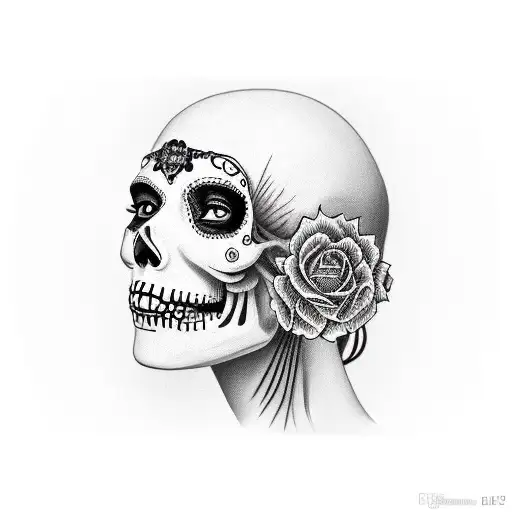 La Catrina woman face portrait, below two skulls one with a motorcycle helmet the other with a military helmet  tattoo design idea