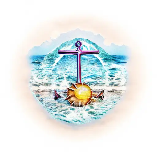 sea shore, sea, anchor, sun, sand, beach tattoo design idea
