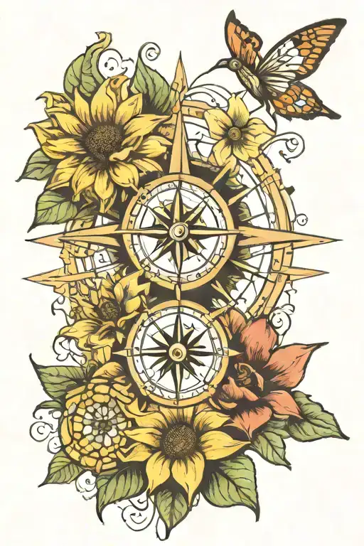A tattoo design of a compass rose with the petals made up of the three sisters' favorite flowers (Sunflowers, Star Gazer Lilies, Roses), with each petal pointing in a different direction to represent their distance from each other tattoo design idea